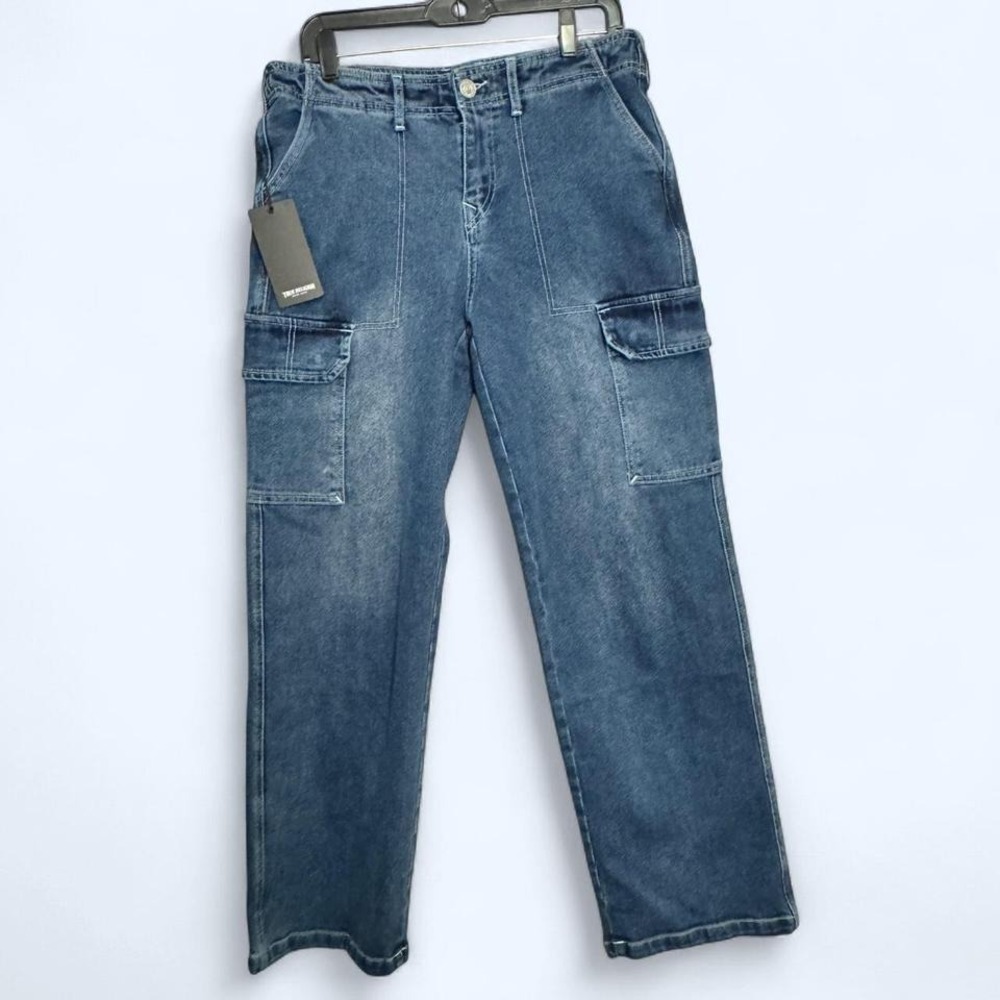 True Religion Denim Cargo Jeans Sz 29 Straight Medium Wash‎ NWT Y2K Streetwear